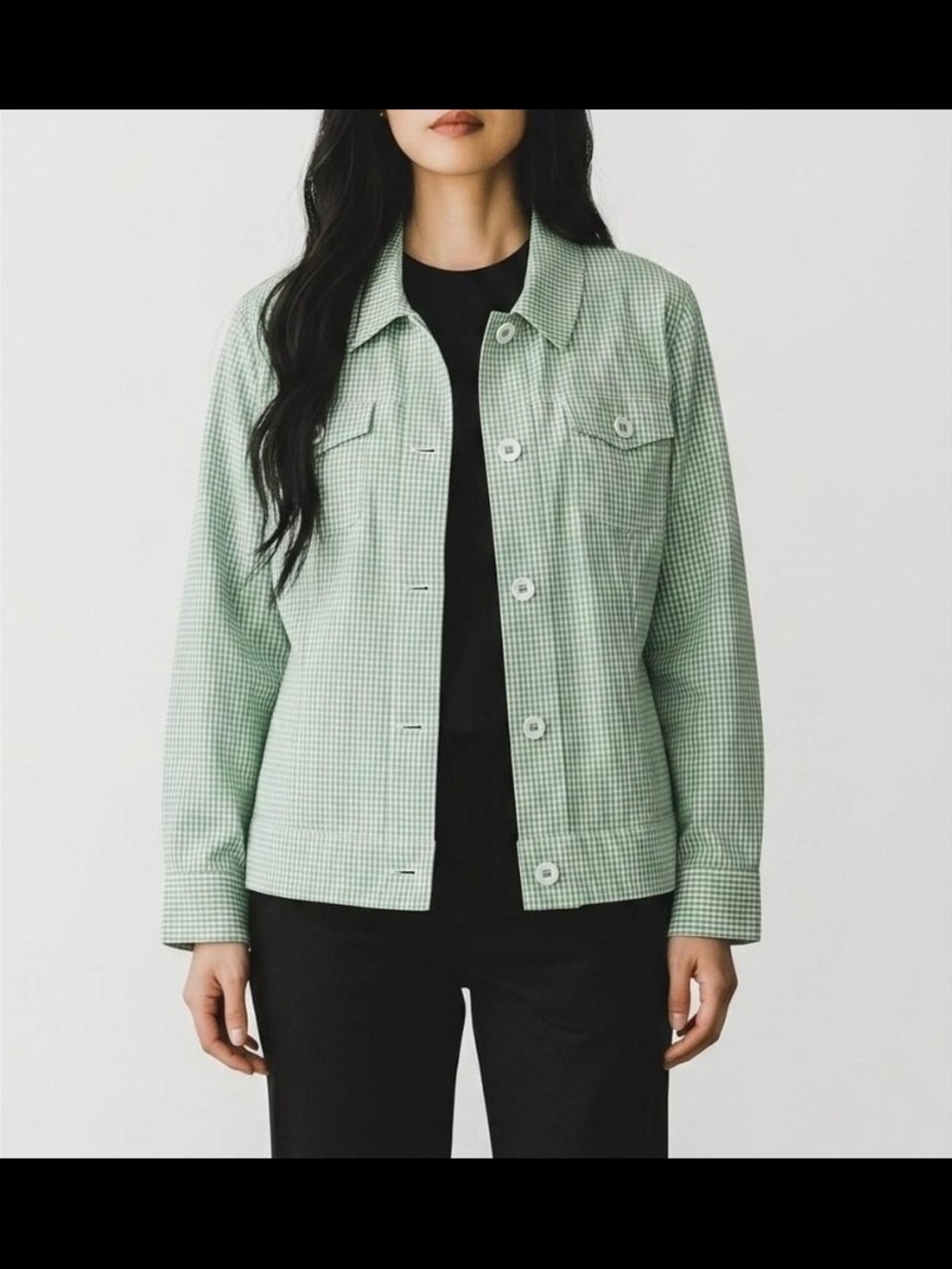 Alfred Dunner Women's Light Green Gingham Fabric Button-Front Jacket Size 10